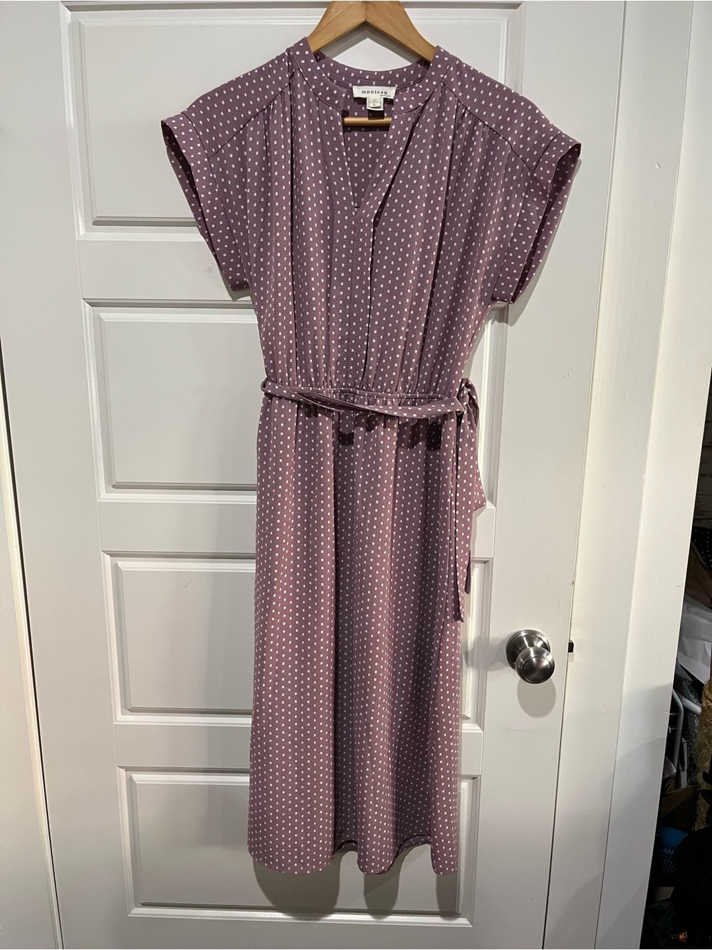 Monteau Mauve Geometric Print Belted Midi Dress Size L - Picture 2 of 11